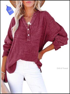 Oversized Button-Down V-Neck Long Sleeve Blouse Loose Fit Tunic Top